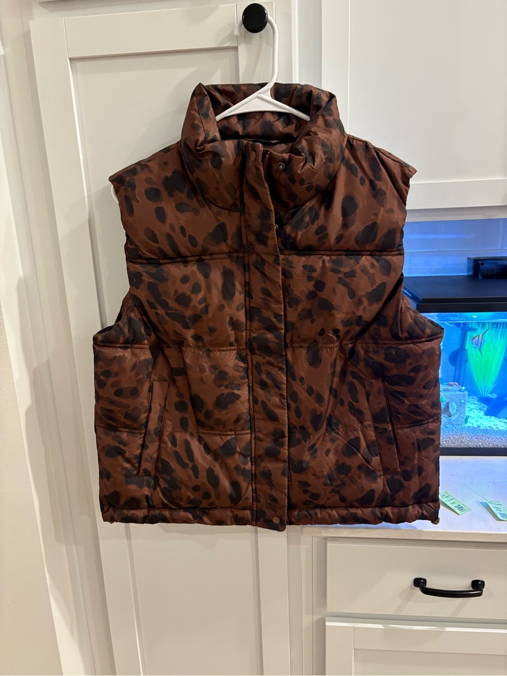 Old Navy Brown and Black Leopard Print Puffer Vest